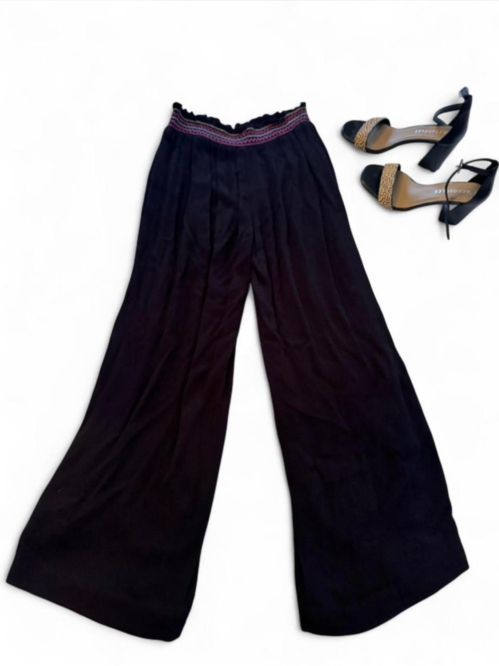 Black Wide-Leg Palazzo pants with Embroidered Waistband
